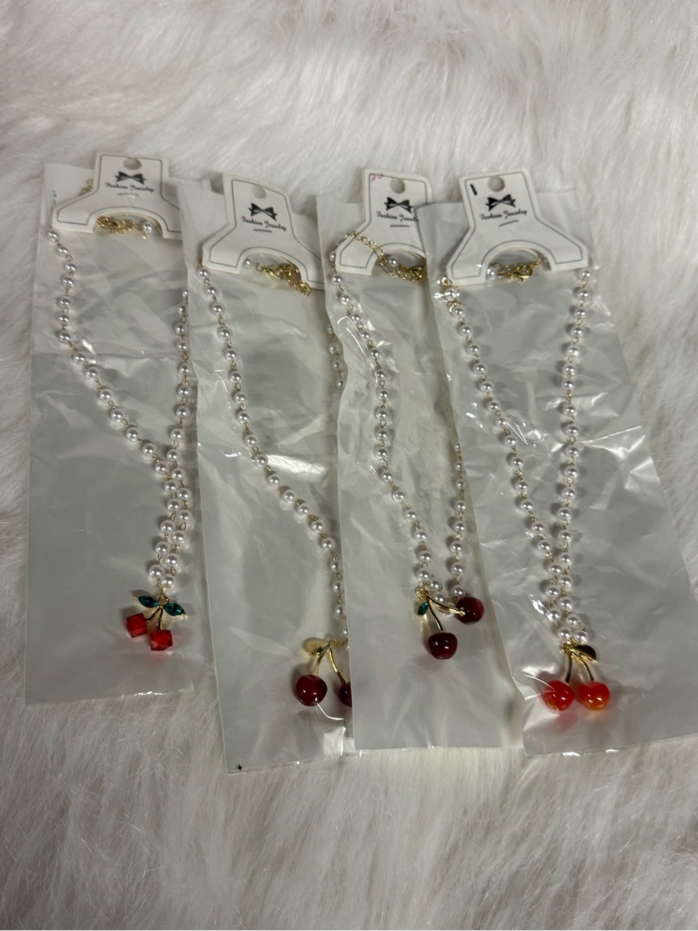 Pearl Beaded Necklace with Cherry Pendant - Red
